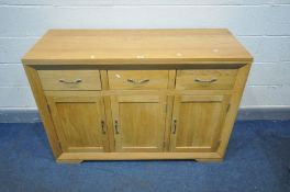 A PARTIALLY SOLID GOLDEN OAK SIDEBOARD, three short over three long drawers, width 131cm x depth