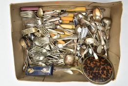 A BOX OF ASSORTED CUTLERY AND A VANITY MIRROR, to include knives, forks, tablespoons, teaspoons,