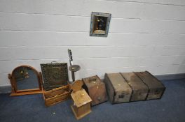 A SELECTION OF OCCASIONAL FURNITURE, to include a vintage travelling trunk, a pine candle box, oak