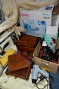 TWO BOXES AND LOOSE SEWING MACHINES, SEWING BOX AND SUNDRY ITEMS, to include a boxed Janome