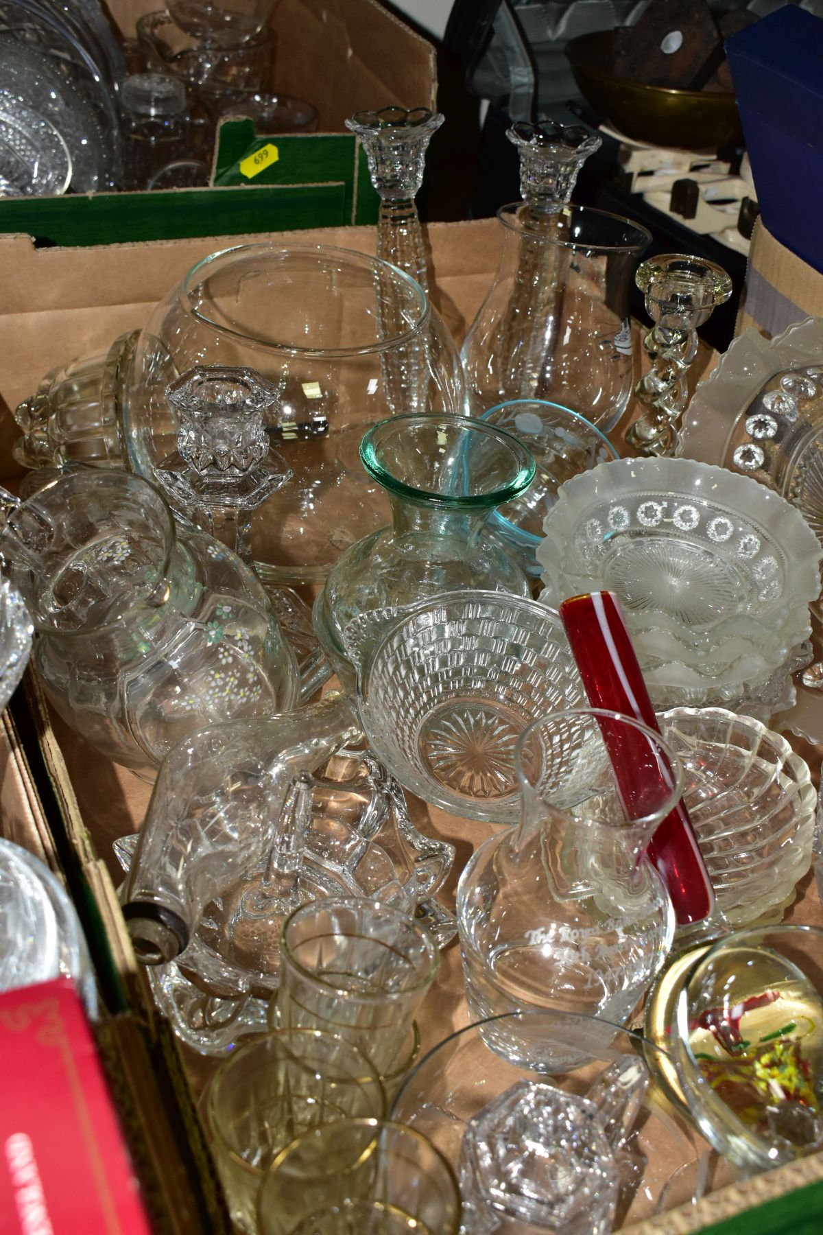 THREE BOXES OF ASSORTED CLEAR AND COLOURED GLASSWARE, including a small amount of late 19th - Image 5 of 6