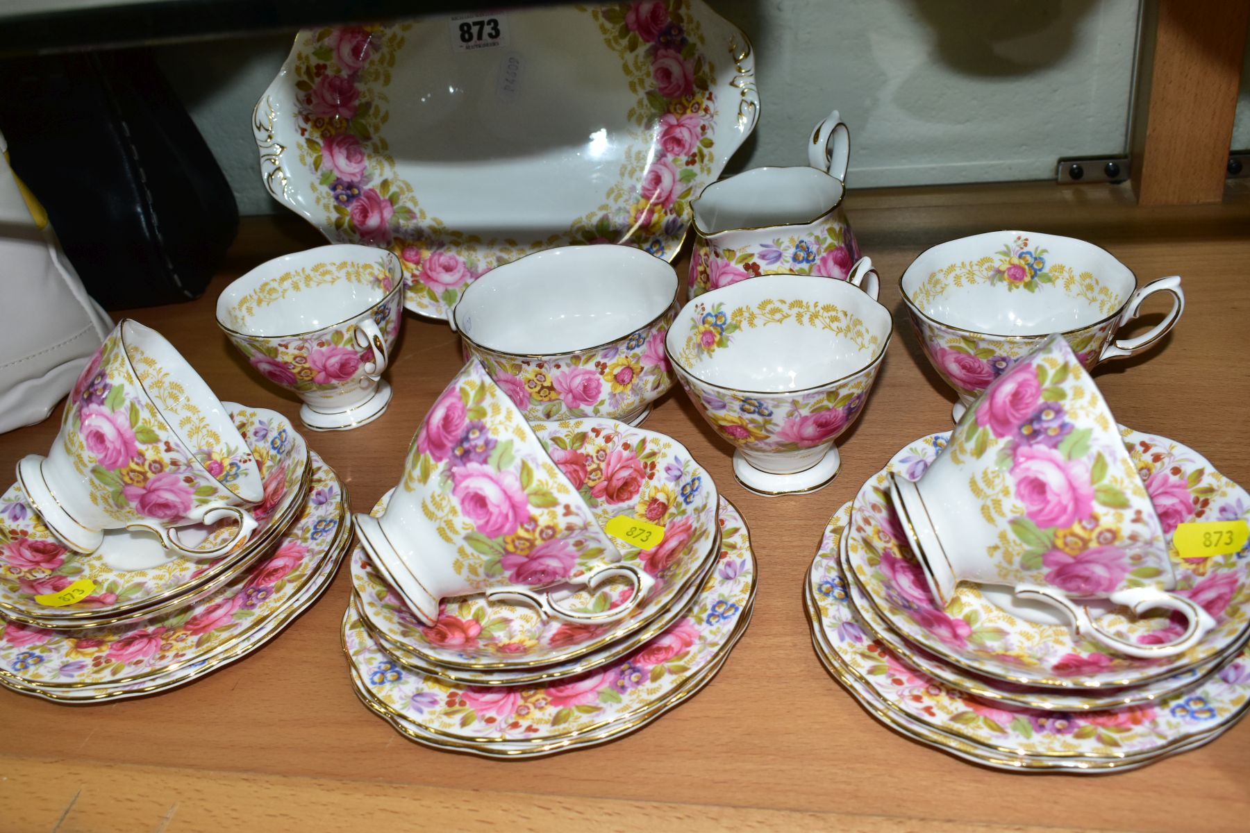 A ROYAL ALBERT SERENA TEASET, comprising cake plate (hairline), milk jug, sugar bowl, six teacups, - Image 4 of 4