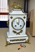 A LATE 19TH CENTURY WHITE MARBLE AND GILT METAL MANTEL CLOCK, the rectangular case with gilt