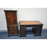 A MAHOGANY PEDESTAL DESK, with a brown leather writing surface, and nine drawers, width 122cm x