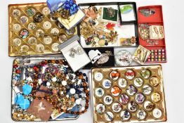 A BOX OF ASSORTED COSTUME JEWELLERY, to include a rolled gold Albertina fitted with a gold-plated