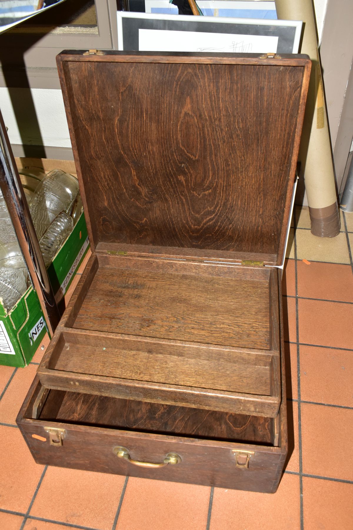 A BOX OF ASSORTED PRINTS, TWO WOODEN BOXES, ETC, the wooden boxes comprising a stained plywood - Image 9 of 9