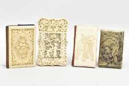 THREE CARVED IVORY CARD CASES AND A WHITE METAL CARD CASE, the first of a wavy rectangular form,