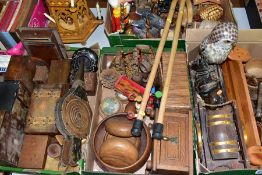 FOUR BOXES AND LOOSE TREEN, COLLECTABLES, ETC, including a wooden tower fitted with candles that
