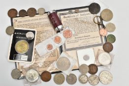 A SMALL BOX OF COINS AND COMMEMORATIVES, to include a small silver pendant, a Constantine dynasty