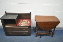 AN OAK LINENFOLD TELEPHONE TABLE/SEAT, and an oak barley twist gate leg table (2)