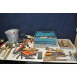 A BOX AND TOOLBOX CONTAINING WOODWORKING TOOLS to include a quantity of files, chisels, hammers