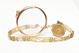 A 9CT GOLD BRACELET AND TWO PENDANTS, the bracelet designed with openwork rectangular links,