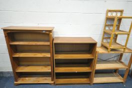 THREE VARIOUS BOOKCASES, comprising of a pine open bookcase, width 87cm x depth 29cm x height 129cm,