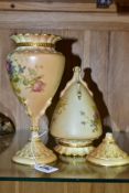 A NEAR PAIR OF ROYAL WORCESTER BLUSH IVORY PEDESTAL VASES, florally decorated, shaped as a claw