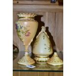 A NEAR PAIR OF ROYAL WORCESTER BLUSH IVORY PEDESTAL VASES, florally decorated, shaped as a claw