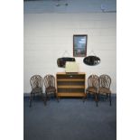 AN OAK GLAZED BOOKCASE, four wheel back chairs, three various wall mirrors and an electric singer