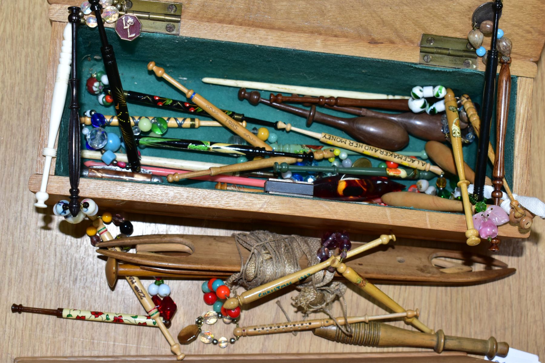 TWO WOODEN BOXES OF LACE MAKING BOBBINS, including bone, wooden, plastic, printed and painted - Image 4 of 5