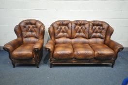 A BROWN LEATHER THREE PIECE LOUNGE SUITE, by Gemalinea of Italy, comprising a three seater settee,