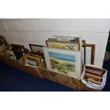 FIVE BOXES AND LOOSE PAINTINGS AND PRINTS ETC, to include signed Ellen Jowett prints (some