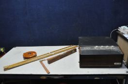 A COLLECTION OF VINTAGE MEASURING EQUIPMENT including a Rabone and Chesterman leather covered tape