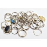 A BAG OF ASSORTED WHITE METAL RINGS, to include two silver rings a band hallmarked silver Sheffield,