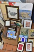 A BOX AND LOOSE PAINTINGS AND PRINTS ETC, to include a Christine Hughes watercolour seascape,