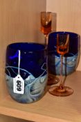 A PAIR OF STUDIO GLASS VASES, blue Bristol body overlaid with whiplash decoration, indistinctly