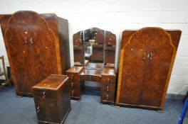 AN ART DECO WALNUT BEDROOM SUITE, comprising a double door wardrobe, width 122cm x depth 50cm x