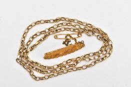 A YELLOW METAL BELCHER CHAIN AND A BROOCH, the chain fitted with an AF spring clasp (broken from