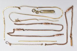 AN ASSORTMENT OF BROKEN 9CT GOLD AND YELLOW METAL CHAINS, a mixture of fine and fancy link chains,