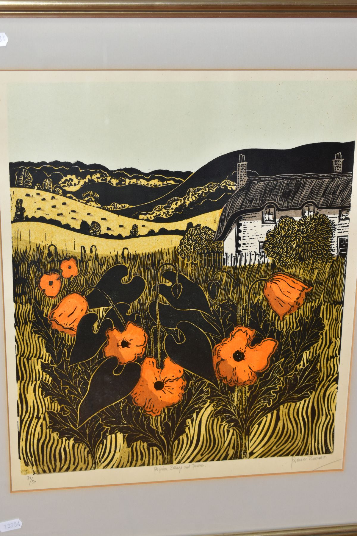 ROBERT TAVENER (BRITISH 1920-2004) 'POPPIES, COTTAGE AND DOWNS', a limited edition linocut print - Image 2 of 5
