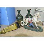 A CAST IRON FIGURE GROUP, A PAIR OF CLOISONNE VASES AND A FRENCH BAROMETER, comprising a