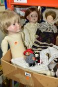 A BOX OF DOLLS AND ACCESSORIES, modern dolls appear homemade but are very well made, to include a