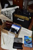 A BOX AND LOOSE SUNDRY ITEMS ETC, to include a Marshall MG15 CDR practice amplifier, pair of Ross