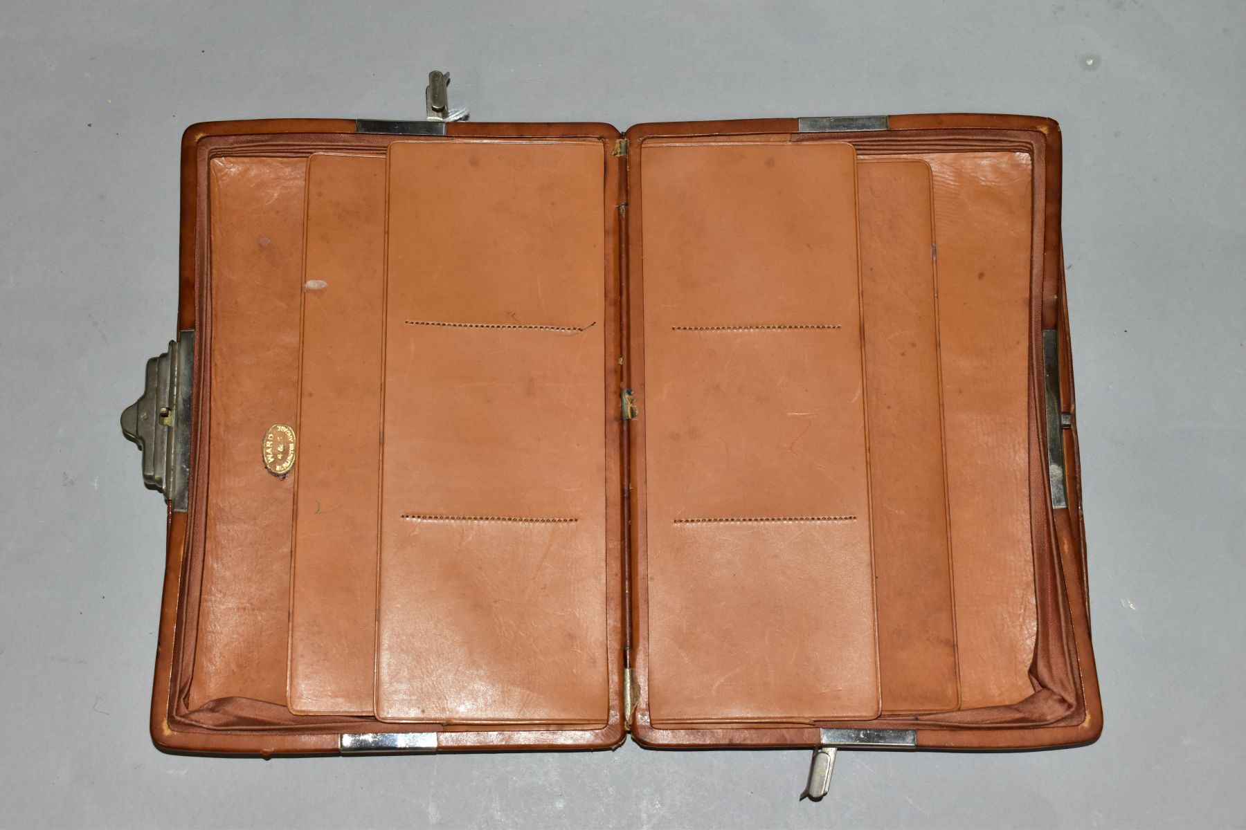 A TAN CROCODILE SKIN WRITING CASE, the cover embossed in gilt H.C.E., bears label for Ward to the - Image 2 of 7