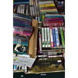 FIVE BOXES OF AUDIO BOOKS, CASSETTE TAPES AND CDS, approximately one hundred and fifty audio