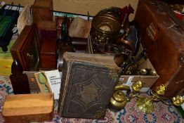 TWO BOXES AND LOOSE VINTAGE SUITCASE, WELSH BIBLE, METALWARES, TREEN AND SUNDRY ITEMS, to include