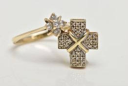 A 9CT GOLD, DIAMOND PENDANT AND RING, a yellow gold cross pendant, pave set with round brilliant cut