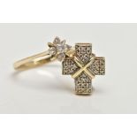 A 9CT GOLD, DIAMOND PENDANT AND RING, a yellow gold cross pendant, pave set with round brilliant cut