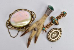 THREE BROOCHES AND A PENDANT, to include a Victorian yellow metal bar brooch designed with an oval