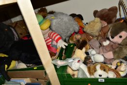 A QUANTITY OF SOFT TOYS IN THREE BOXES AND LOOSE, some tv themed characters including Bugs Bunny,