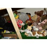 A QUANTITY OF SOFT TOYS IN THREE BOXES AND LOOSE, some tv themed characters including Bugs Bunny,