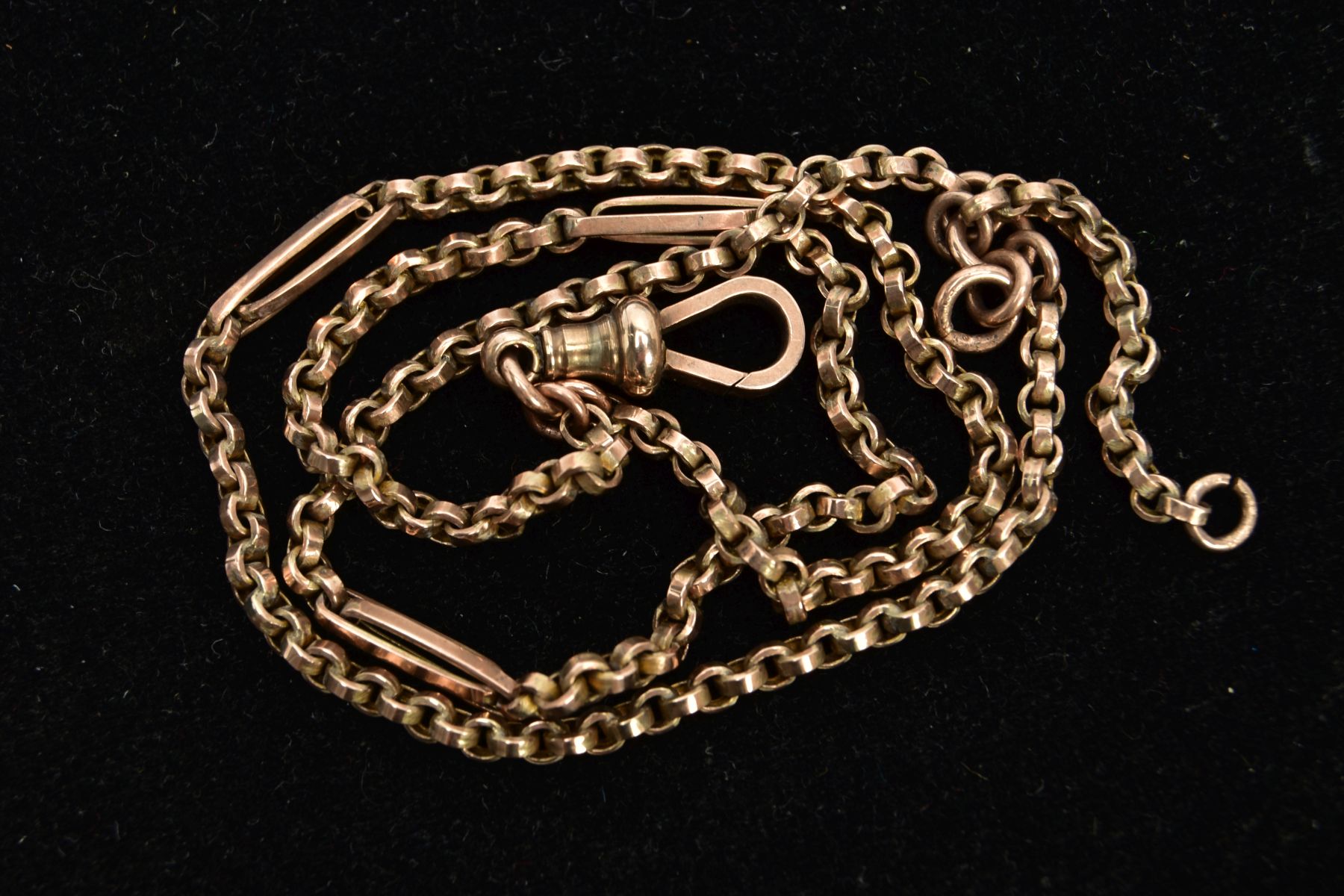 A LATE 19TH CENTURY 9CT GOLD DOUBLE ALBERT CHAIN, a rose gold belcher chain, interspaced with - Image 2 of 2
