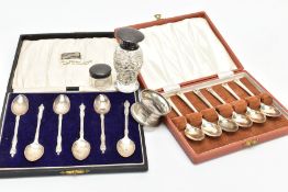 TWO CASED SETS OF SILVER TEASPOONS, A NAPKIN RING AND TWO VANITY JARS, to include a cased set of six