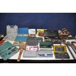 A SELECTION OF ENGINEERING TOOLS to include tap and die sets, wood planes, drill bits, screws,