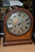 A MAHOGANY EIGHT DAY WESTMINSTER CHIMING MANTLE CLOCK, the silvered dial having Roman numeral hour