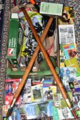 A BOX OF CLIMBING AND SPORTS EQUIPMENT, ETC, including two Stubai ice picks with wooden shafts,