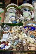 TWO BOXES OF ASSORTED CERAMICS ETC, to include Poole pottery bird sculptures, Sadler teapots and