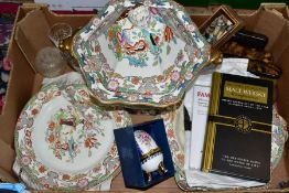 TWO BOXES OF LATE 19TH CENTURY MASONS IRONSTONE CHINA DINNER WARE, GLASSWARE AND COLLECTABLES,