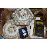 TWO BOXES OF LATE 19TH CENTURY MASONS IRONSTONE CHINA DINNER WARE, GLASSWARE AND COLLECTABLES,